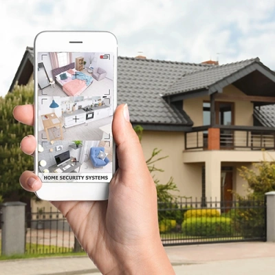 Champaign vivint phone display of cctv live feed in front of a house
